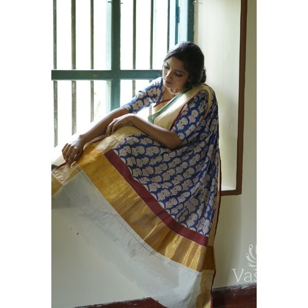 KERALA KASAVU - POO THUMBI - INDIGO FLORAL