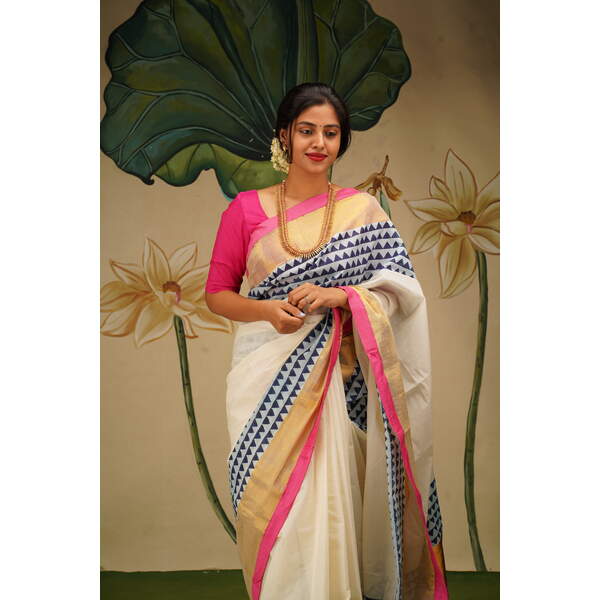 KERALA KASAVU - POO THUMBI - GEOMETRIC INDIGO