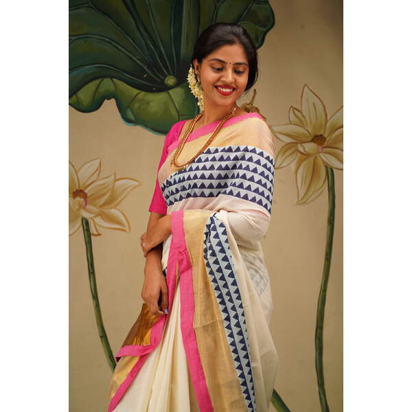 KERALA KASAVU - POO THUMBI - GEOMETRIC INDIGO