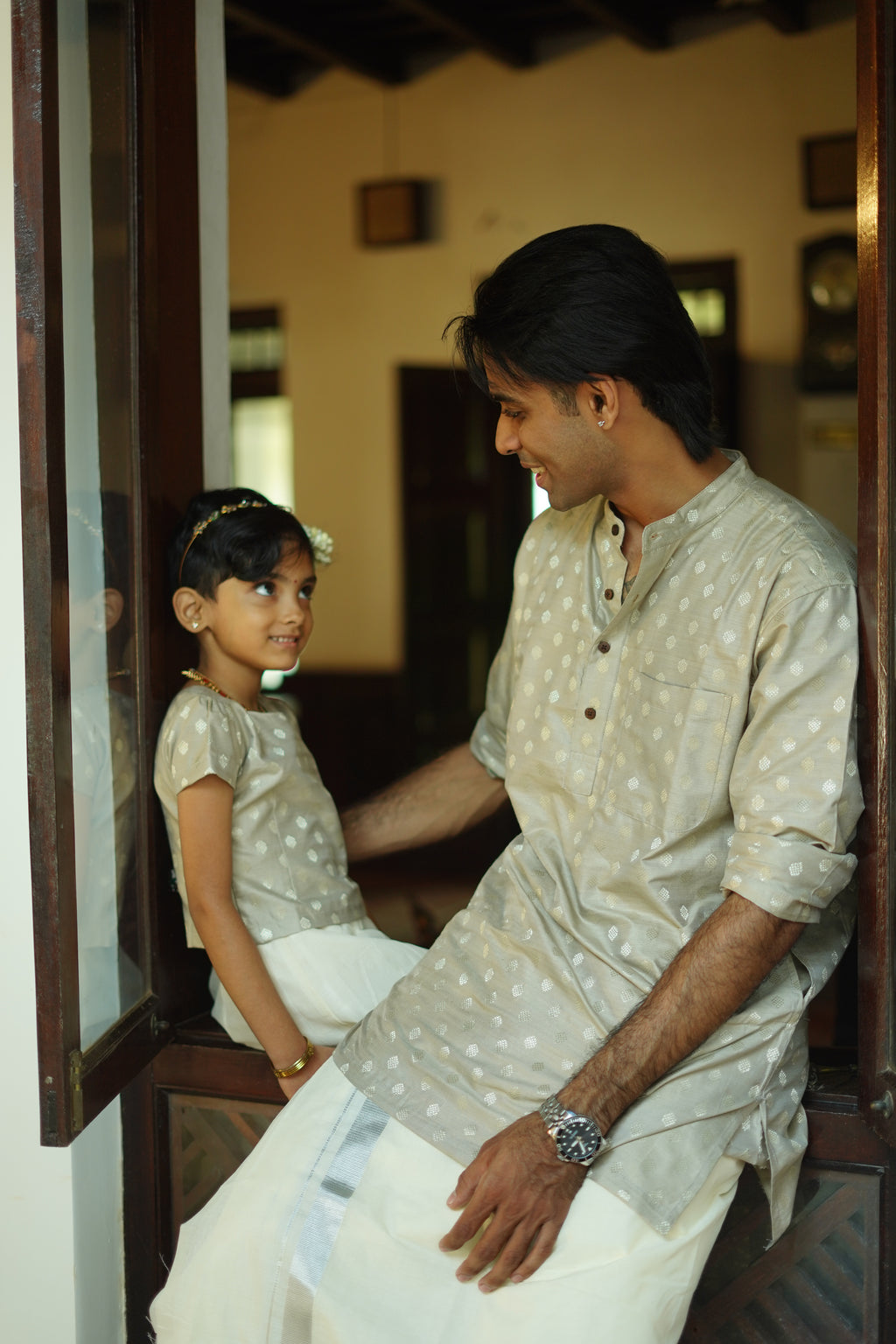 KIDS - KERALA KASAVU PAVADA SET - CHANDERI SILK COTTON SILVER GREY