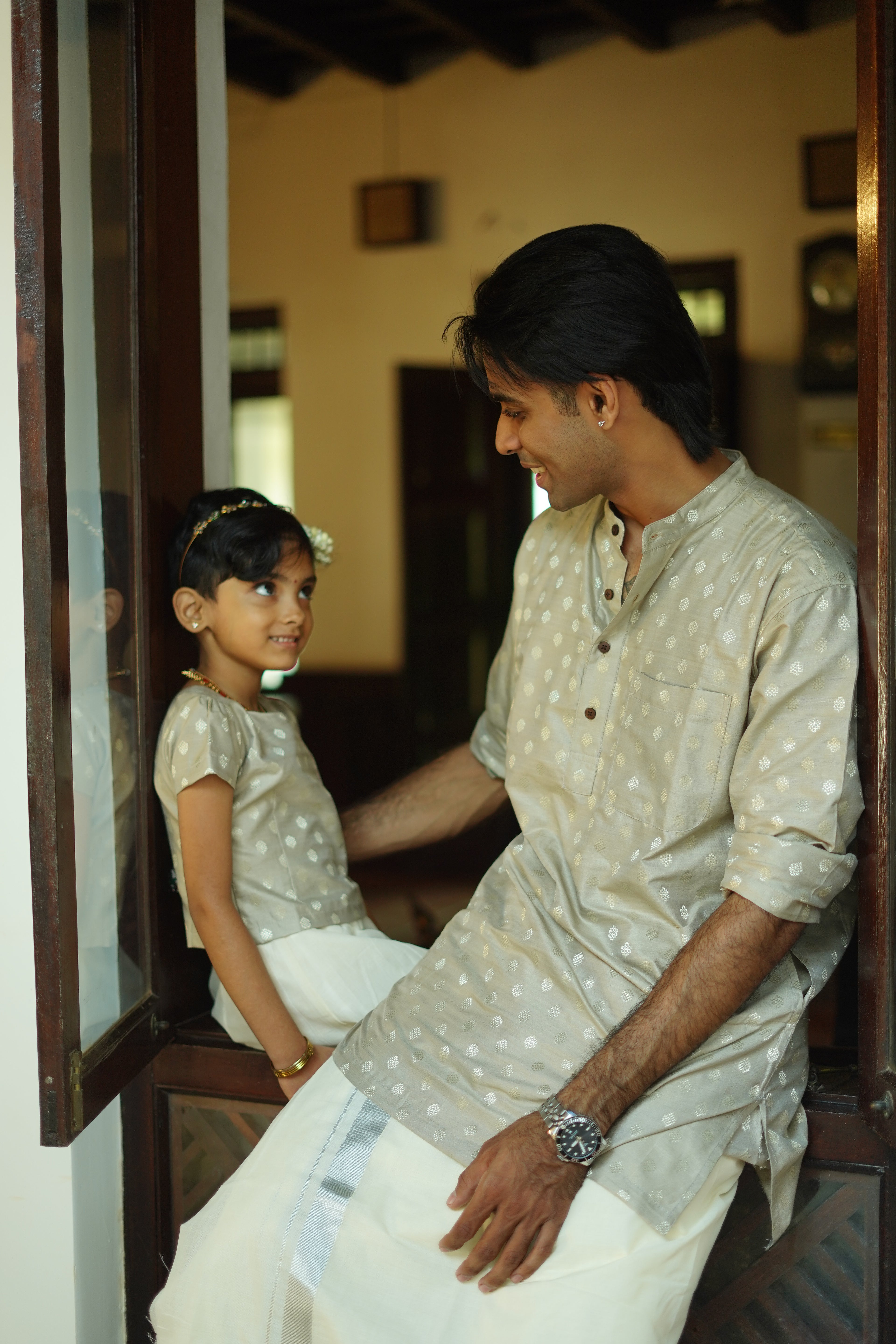 KIDS - KERALA KASAVU PAVADA SET - CHANDERI SILK COTTON SILVER GREY