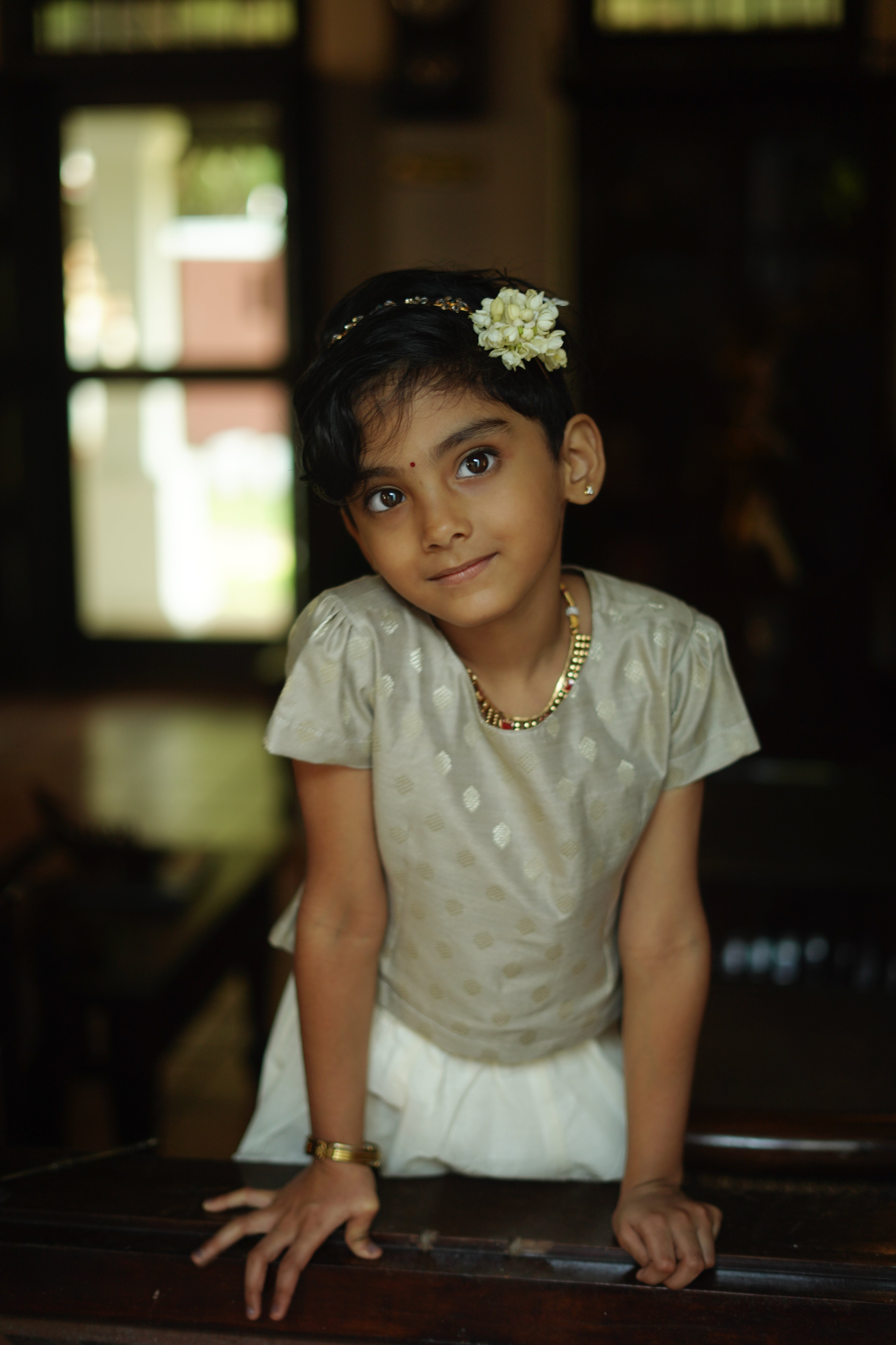 KIDS - KERALA KASAVU PAVADA SET - CHANDERI SILK COTTON SILVER GREY