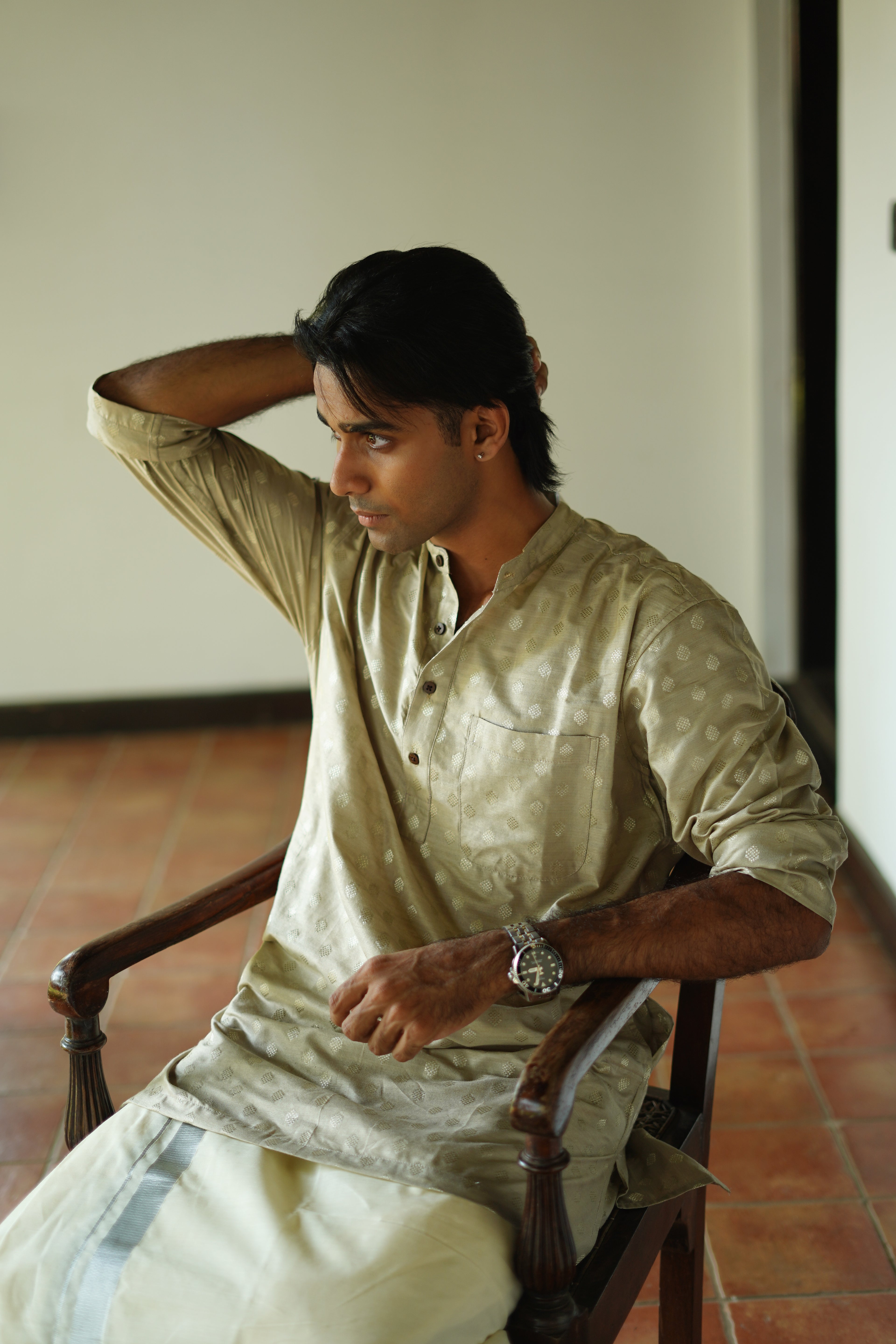 MENS -  CHANDERI SILK COTTON  KURTA - SHORT
