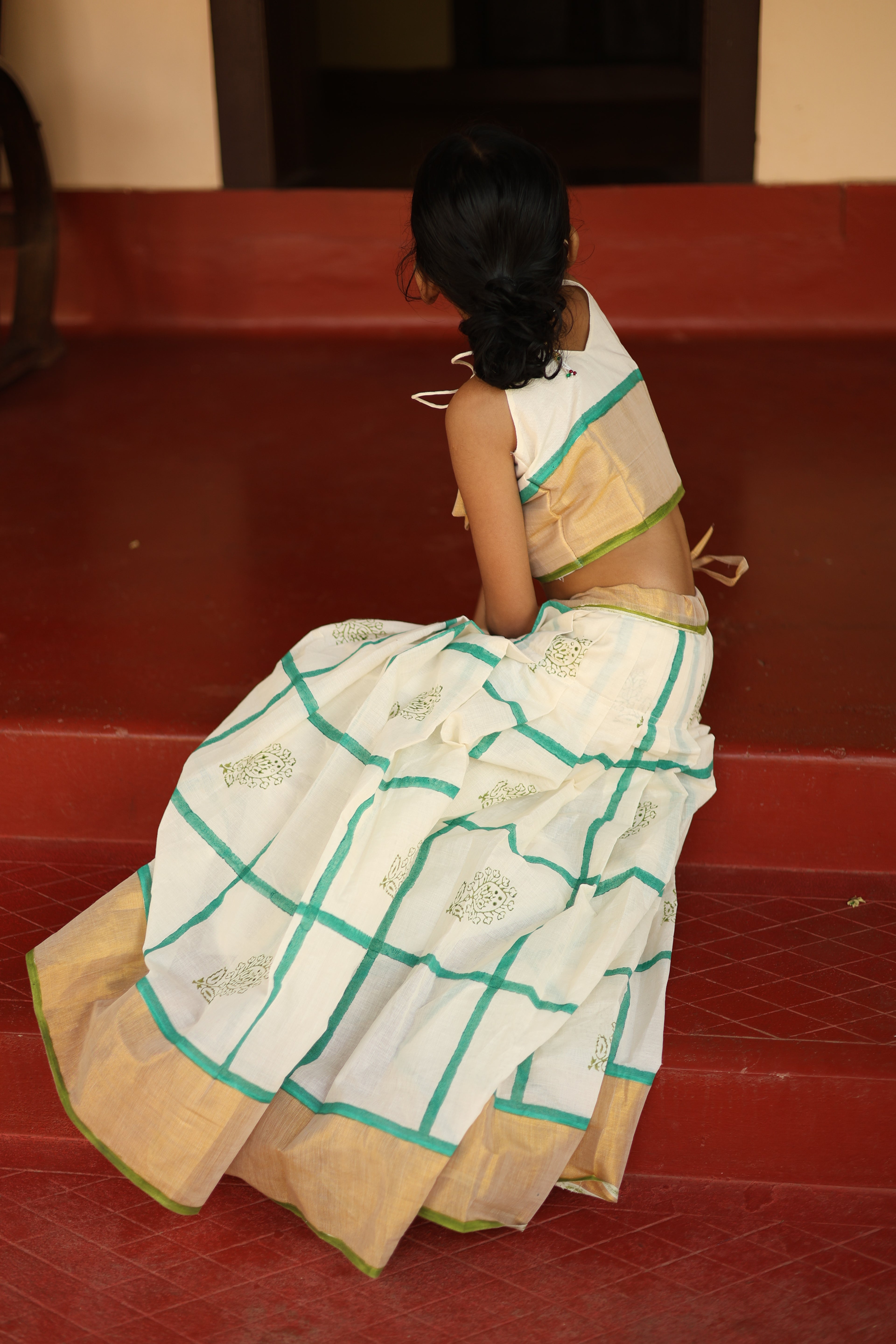 KIDS - KERALA KASAVU PAVADA SET -  PACHATHIRI
