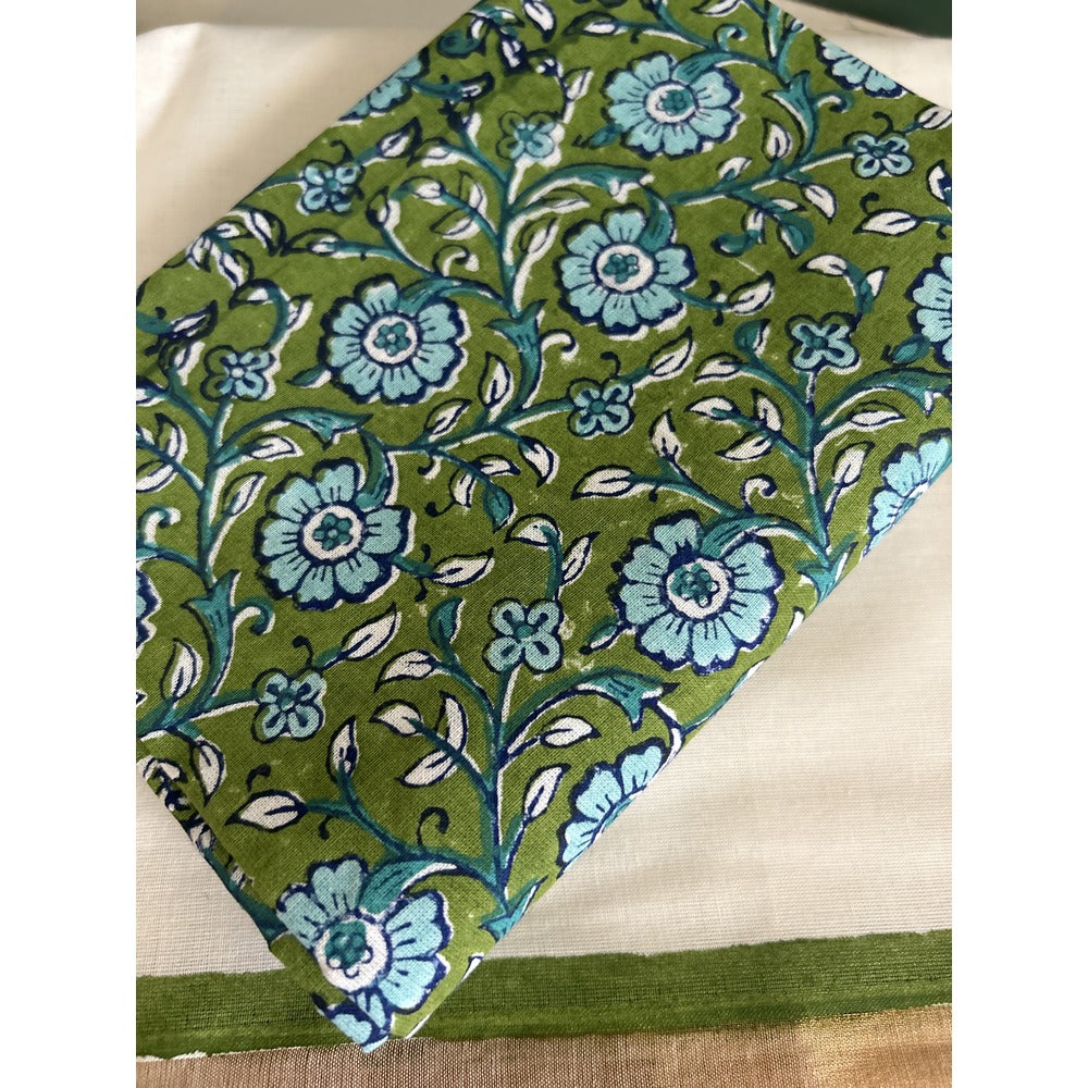 KERALA KASAVU - SET MUNDU GREEN FLORAL