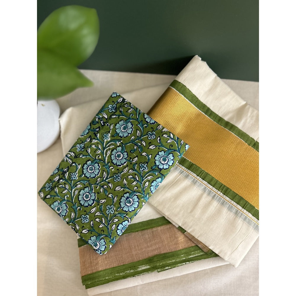 KERALA KASAVU - SET MUNDU GREEN FLORAL