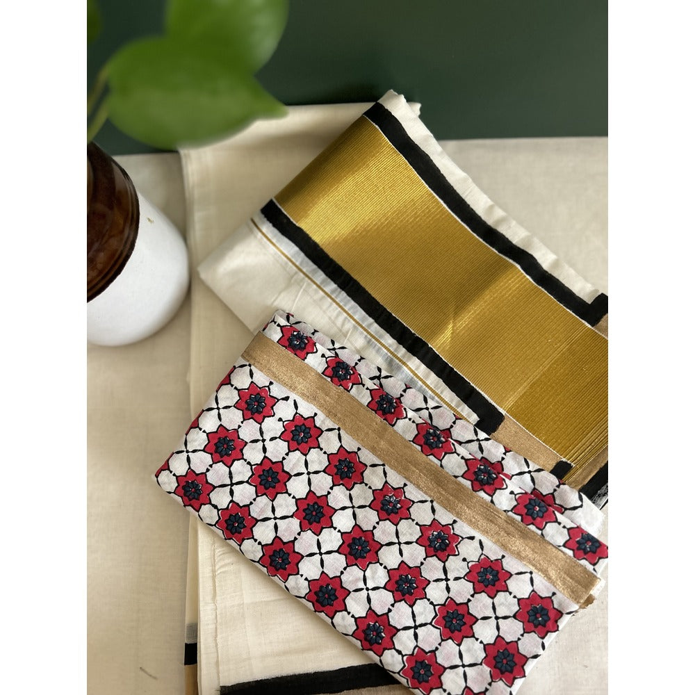 KERALA KASAVU - SET MUNDU BLACK FLORAL
