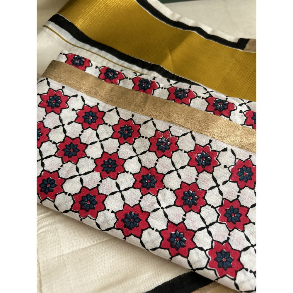 KERALA KASAVU - SET MUNDU BLACK FLORAL