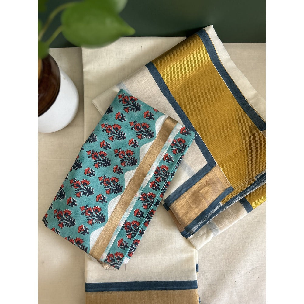 KERALA KASAVU - SET MUNDU  BLUE FLORAL