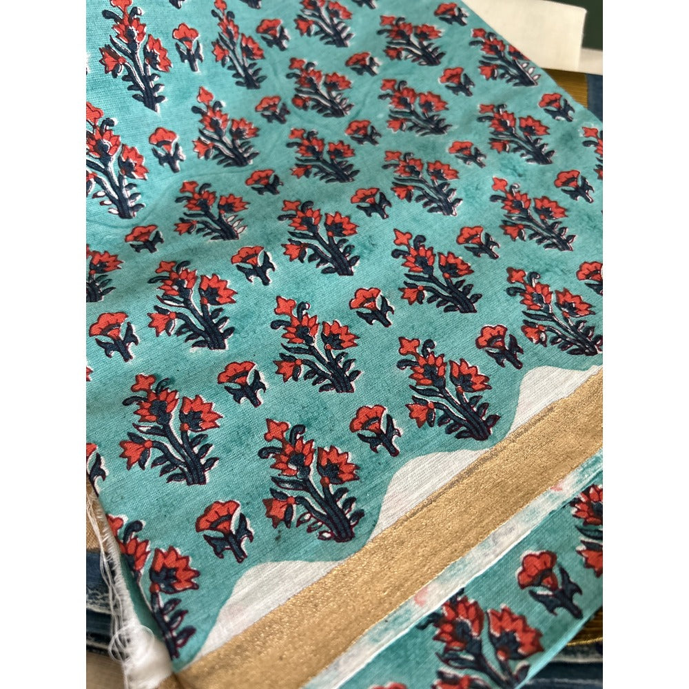 KERALA KASAVU - SET MUNDU  BLUE FLORAL