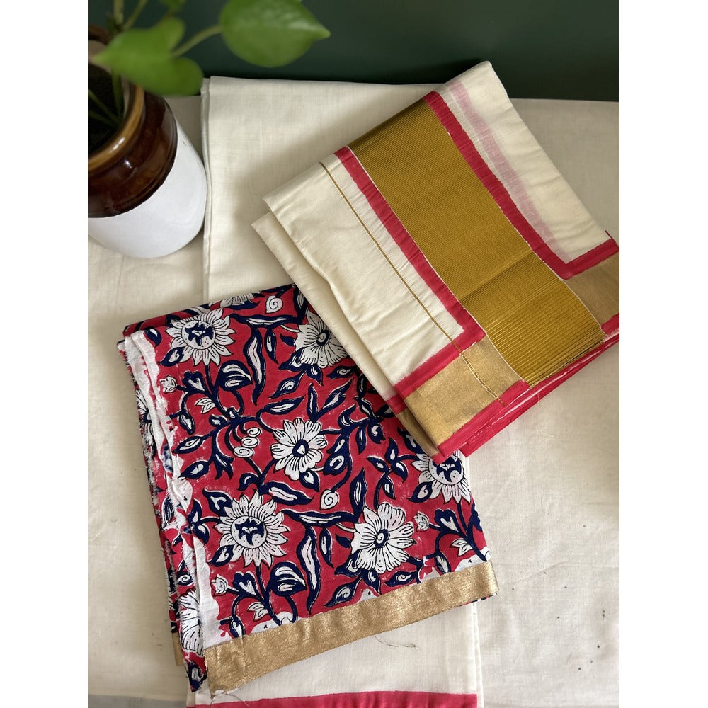 KERALA KASAVU - SET MUNDU - PEACH FLORAL