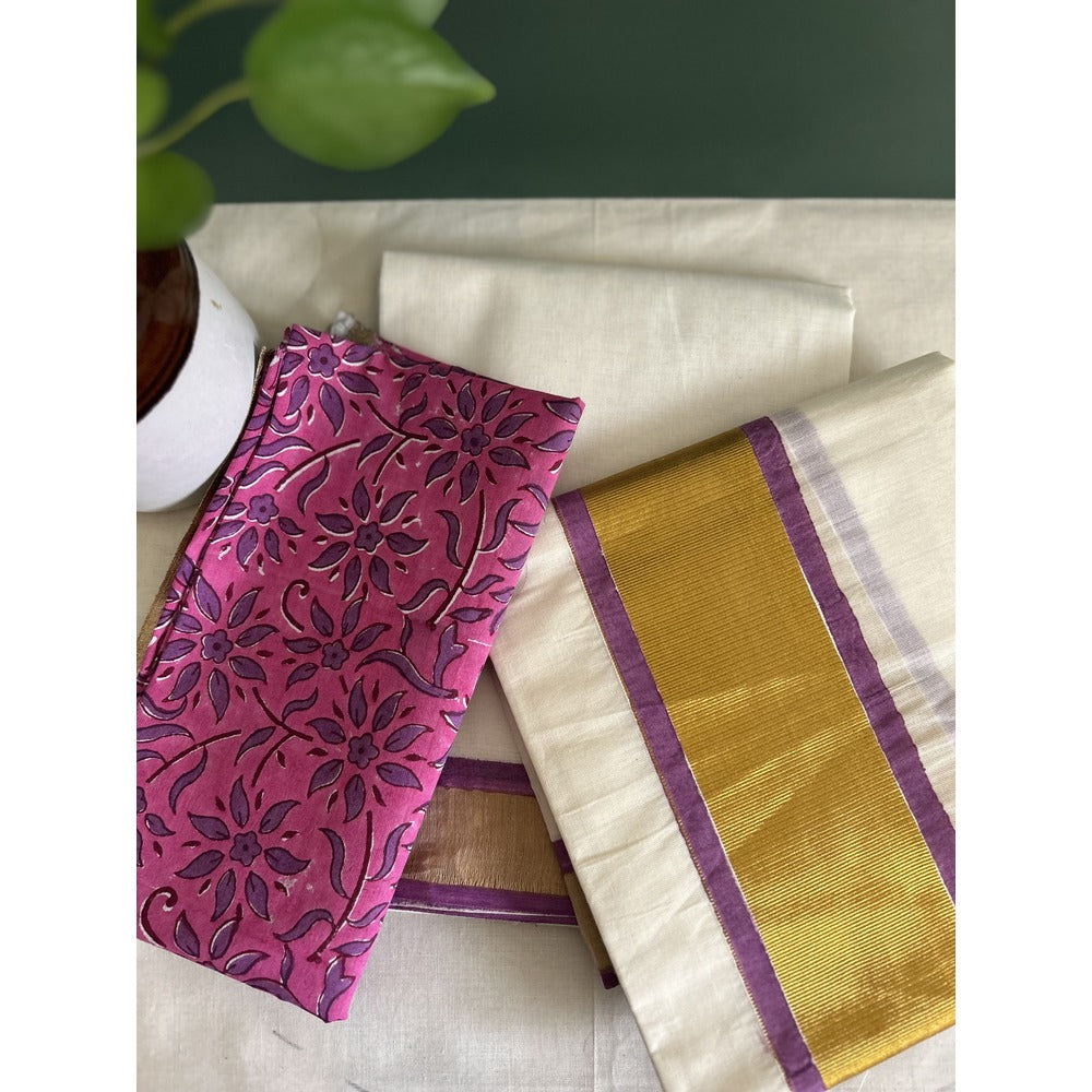 KERALA KASAVU - SET MUNDU PURPLE FLORAL