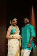 MENS -  KURTA SEMI RAW SILK - SHORT BUTTI