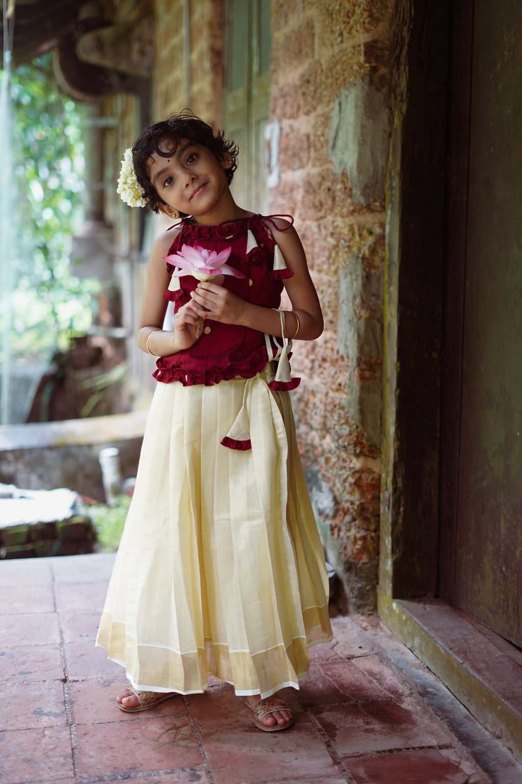 KIDS - KERALA KASAVU PAVADA - MAROON