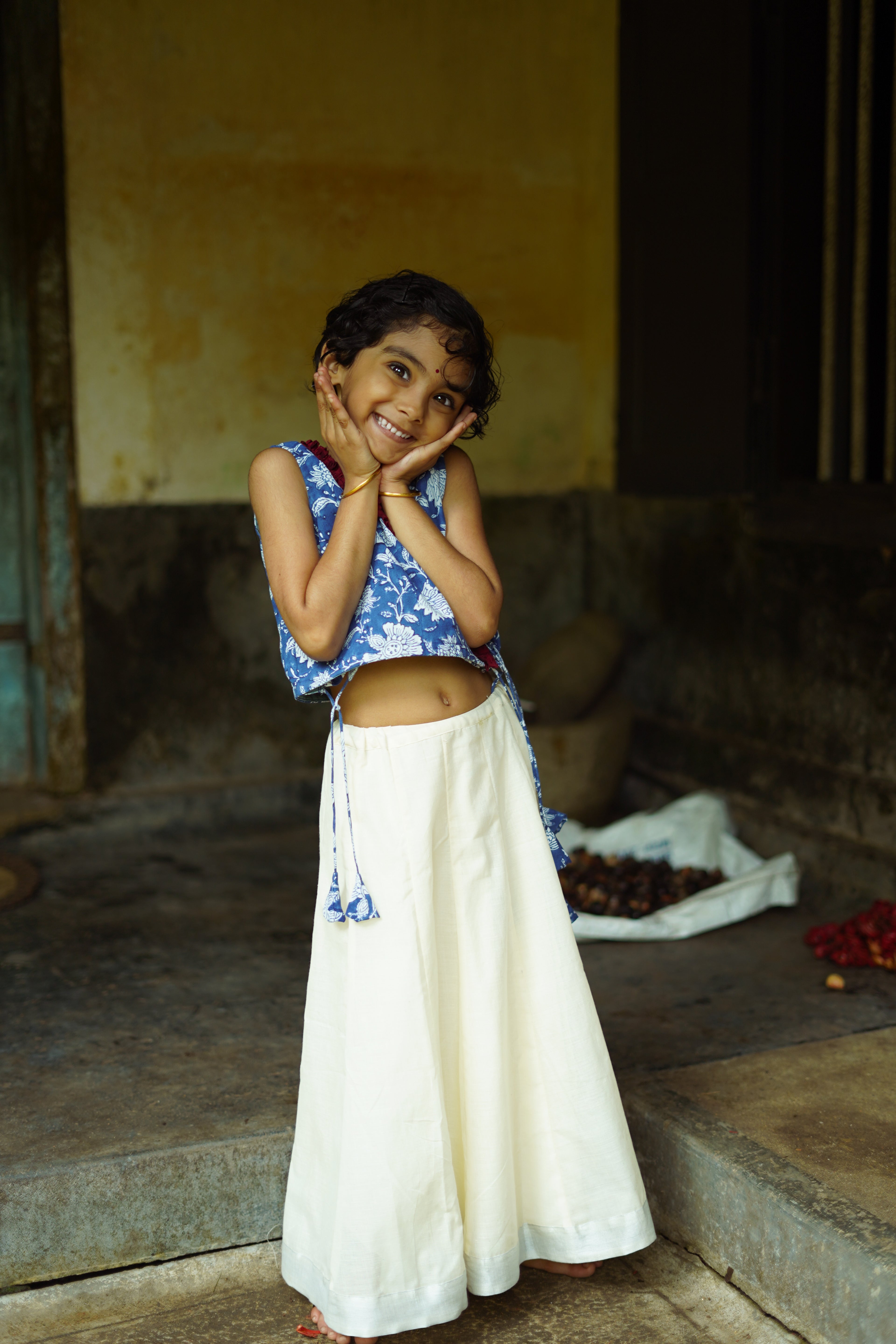 KIDS - KERALA KASAVU PAVADA SET - INDIGO FLORAL