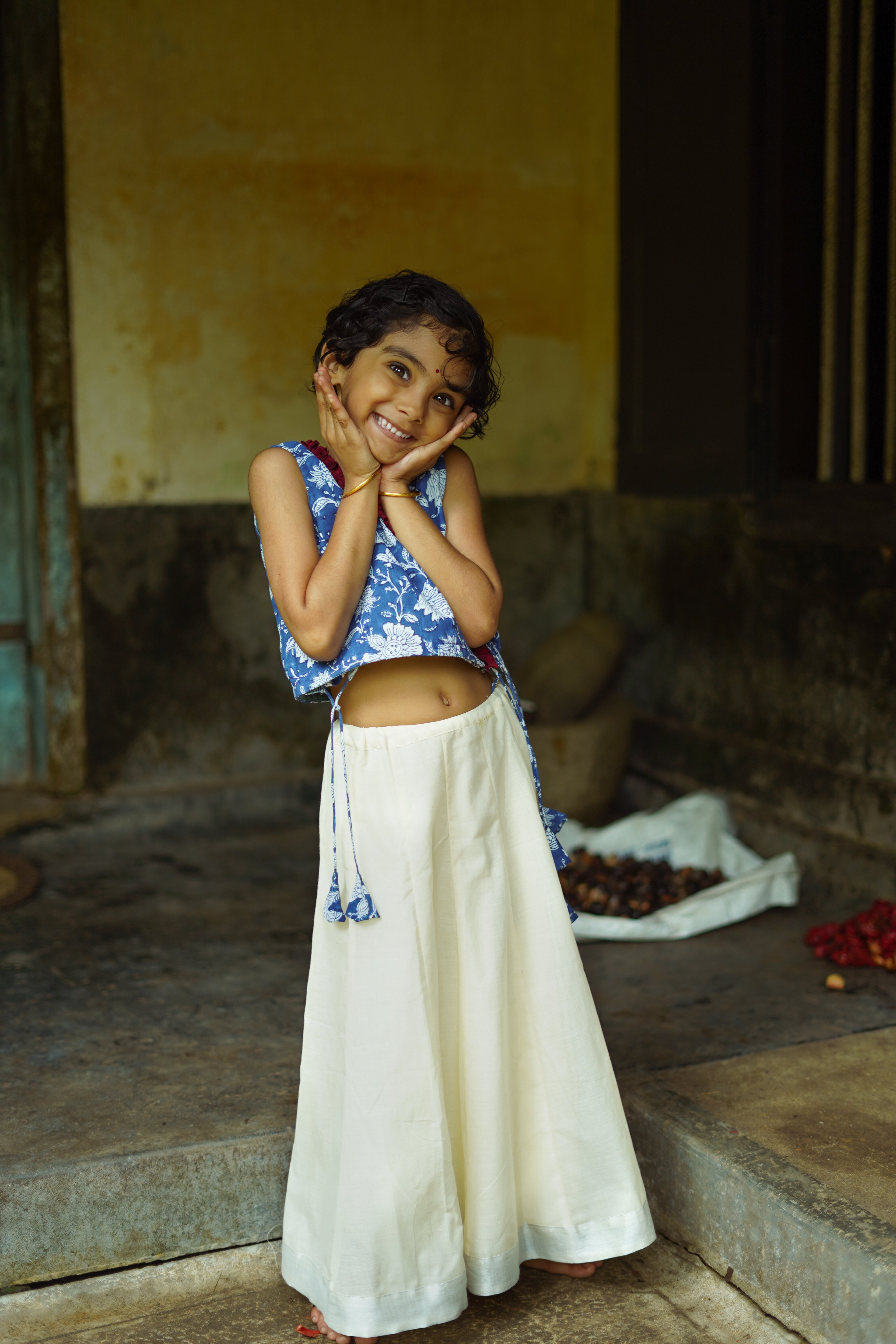 KIDS - KERALA KASAVU PAVADA SET - INDIGO FLORAL