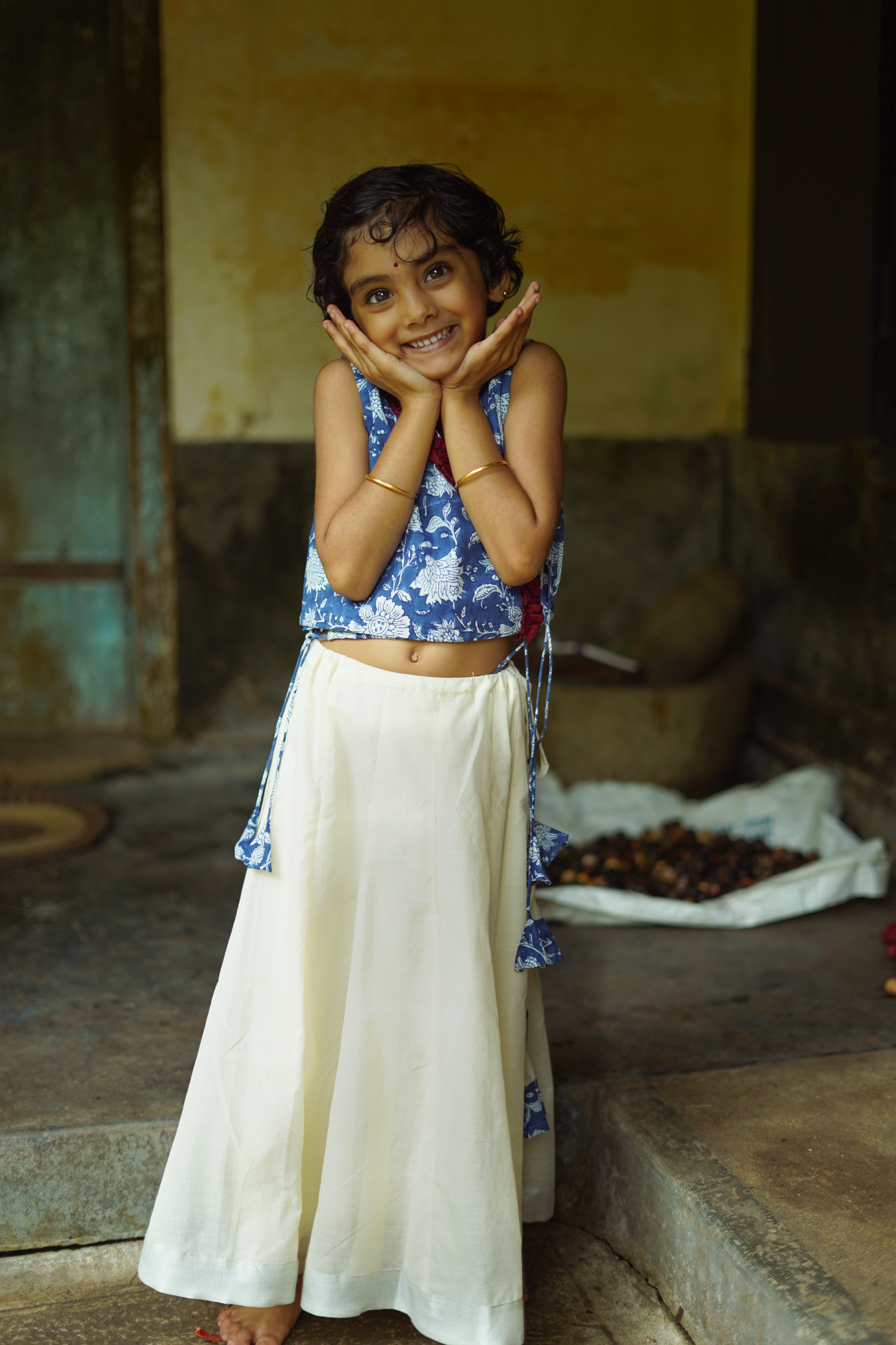 KIDS - KERALA KASAVU PAVADA SET - INDIGO FLORAL