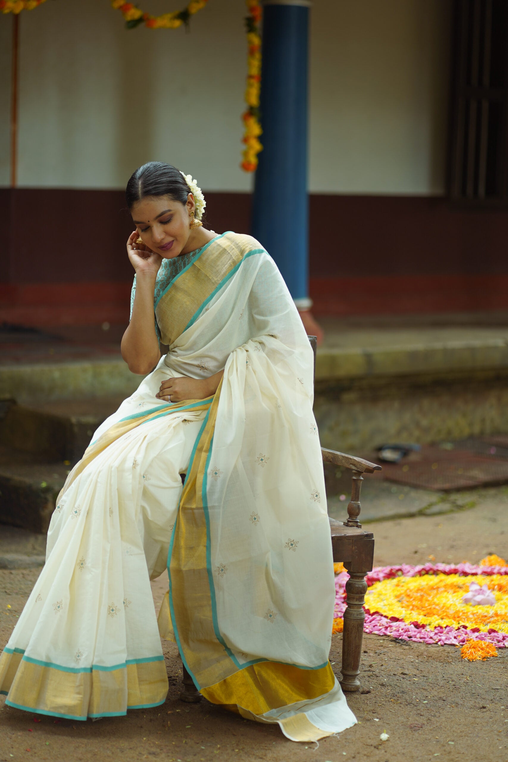 KERALA SAREE - TURQUOISE (WITHOUT BLOUSE)