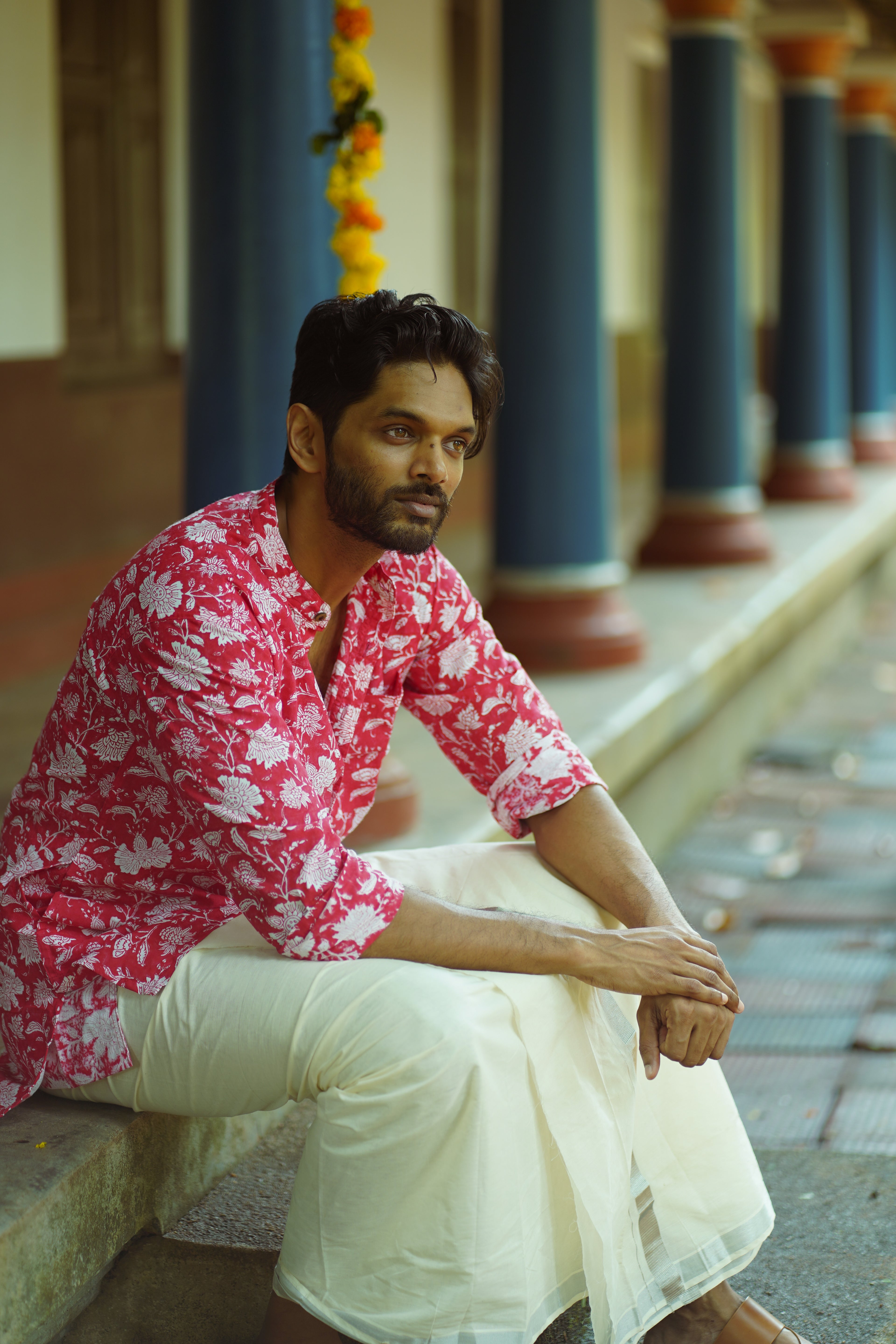 MENS SHORT KURTA - RED FLORAL