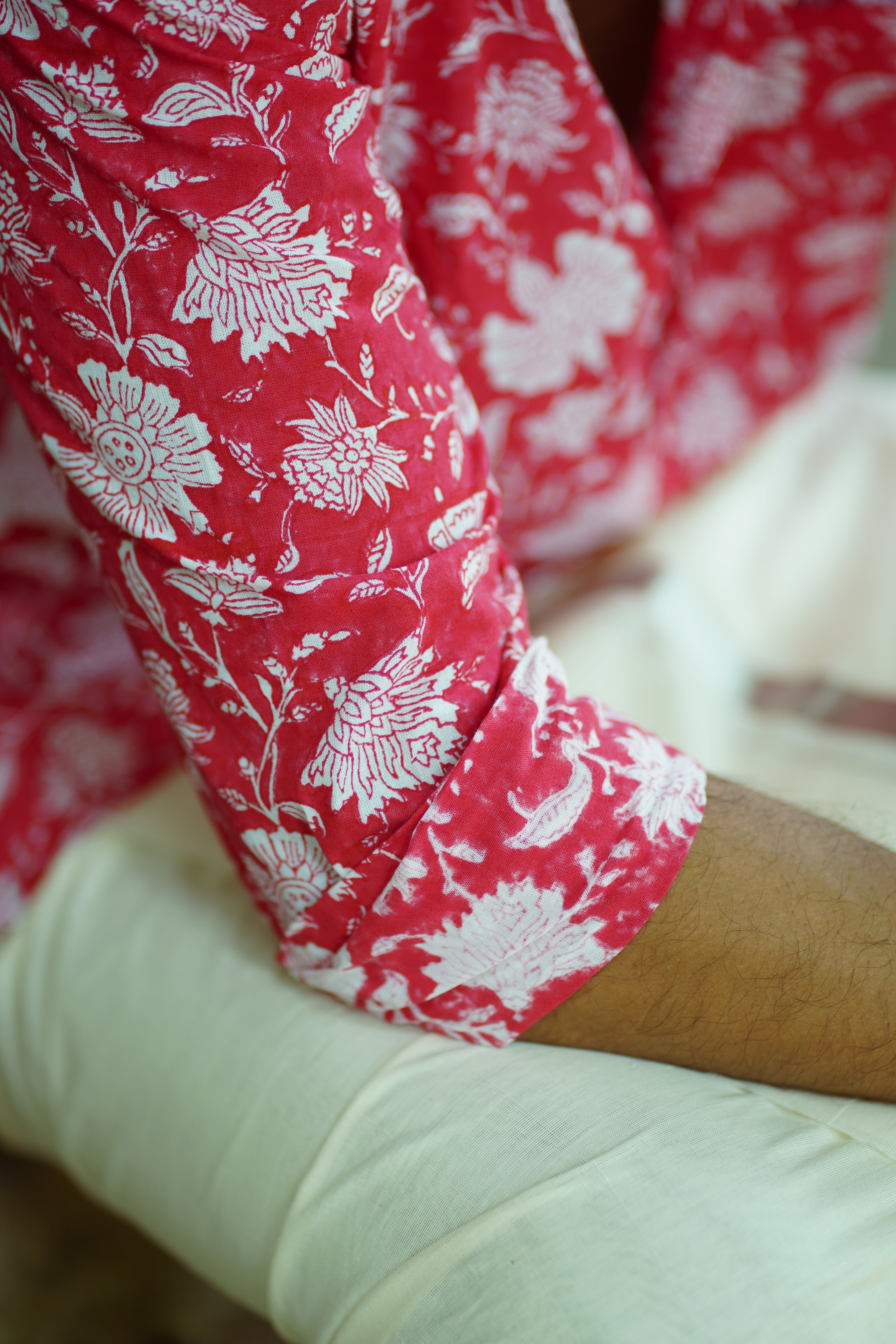 MENS SHORT KURTA - RED FLORAL