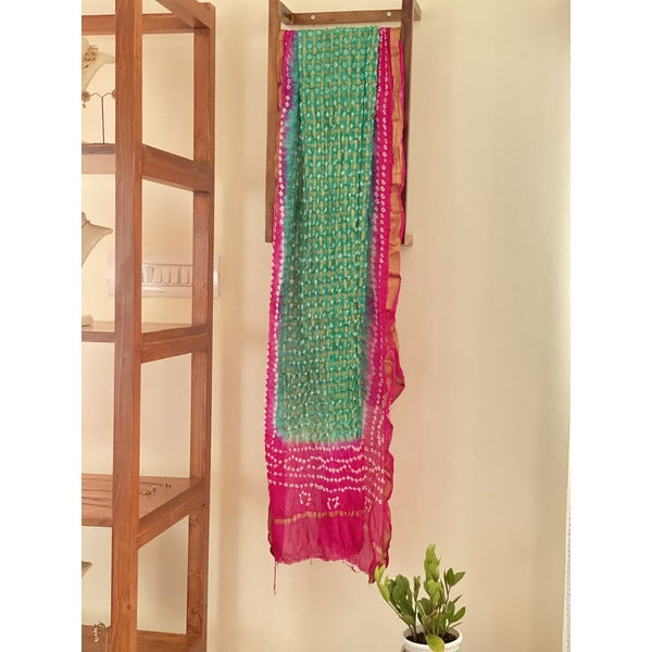 DUPATTA - BANDHINI - GREEN AND PINK